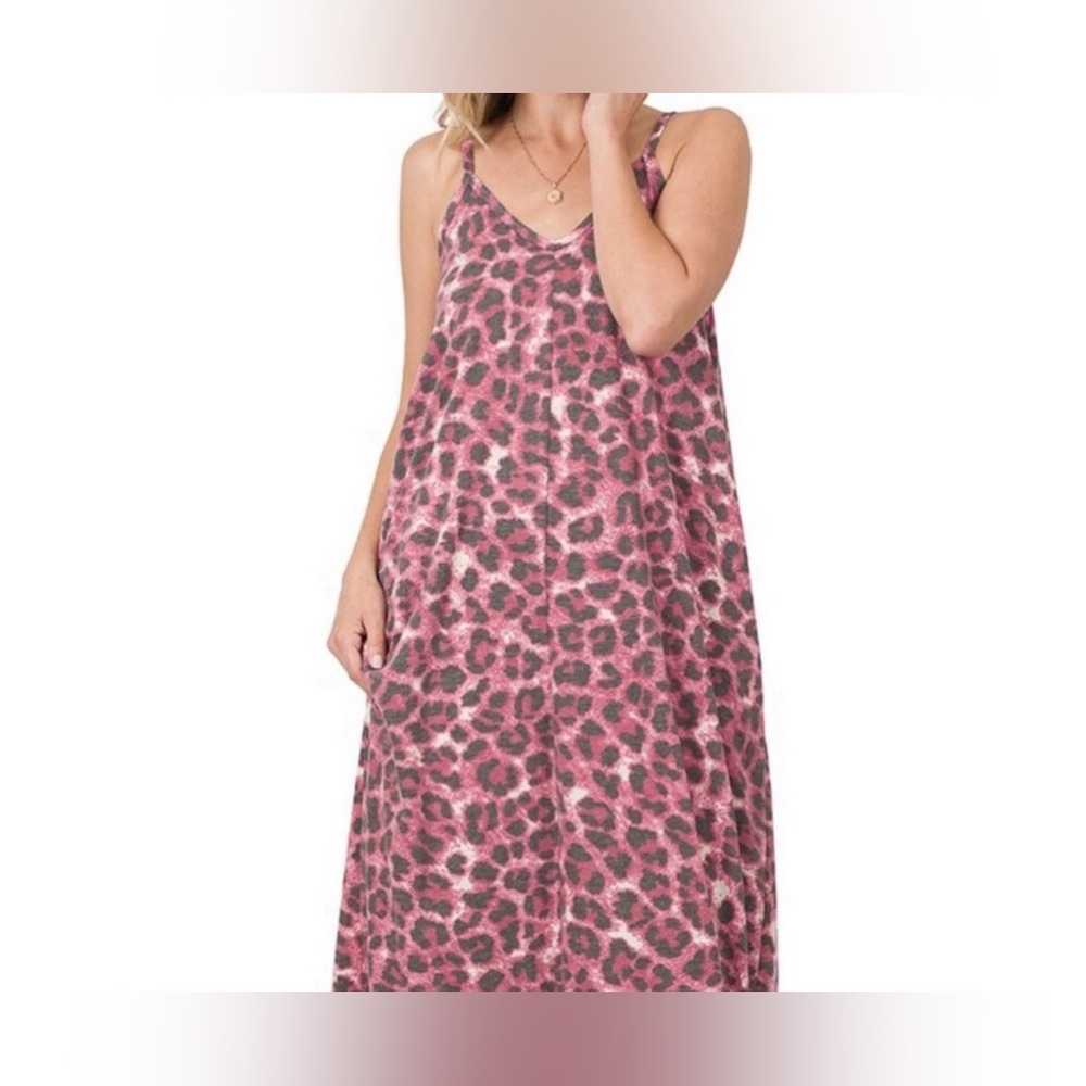 LG NWT Zenana Leopard Print Cami Maxi Cranberry Relaxed Summer Dress! - Picture 2 of 3